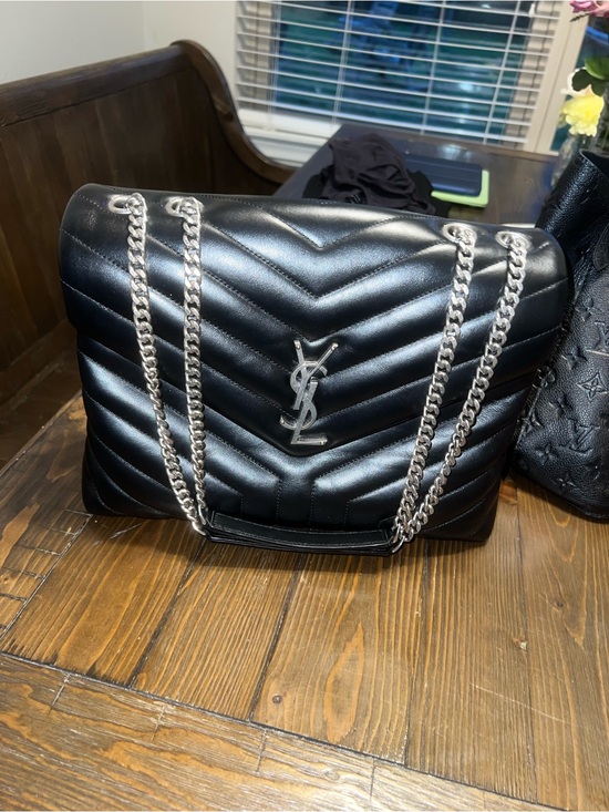 Saint Laurent Black Quilted Chevron Leather Shoulder Bag with Silver Chain